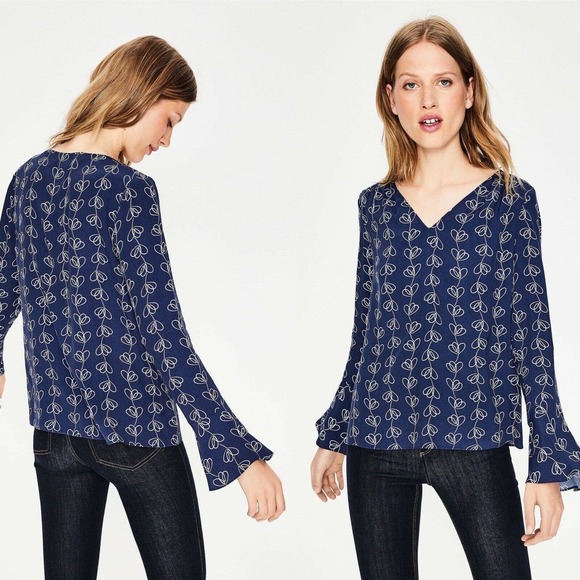 Boden Victoria Blouse Bell Sleeve V Neck Top Navy Blue White Print #W0201 - Picture 1 of 12